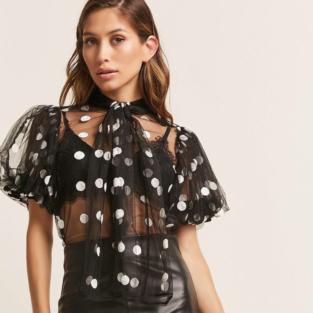 ETA Polka Dot Puff Shoulder Mesh Top with Necktie